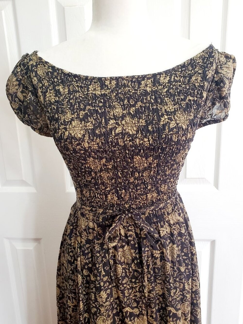 Free People Black Brown Floral Maxi Dress Boho Off Shoulder Open Back Cotton - Picture 15 of 16
